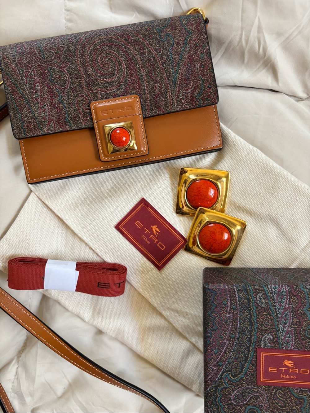 Etro Milano Paisley Crossbody Tan Leather Red Stone Gold Matching Earrings Boho - Picture 3 of 17